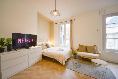 1 dormitorio con 1 cama, TV y sofá en Le Clocher - Quai De La Loire - Netflix en Tours