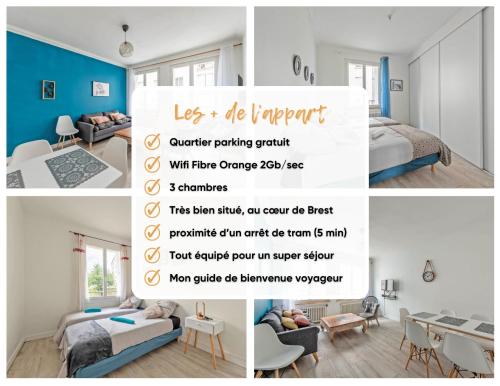 un collage de photos d'une chambre et d'un salon dans l'établissement Navigateurs proche centre - jardin- parking gratuit, à Brest