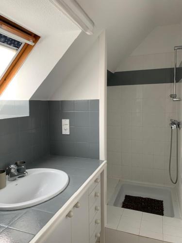 a white bathroom with a sink and a shower at Charmant appartement à l'entrée de Sauzon in Sauzon