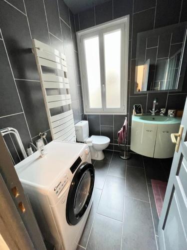 une machine à laver dans une salle de bain avec un lavabo dans l'établissement Bon'Appart centre-ville charme, à Fontainebleau