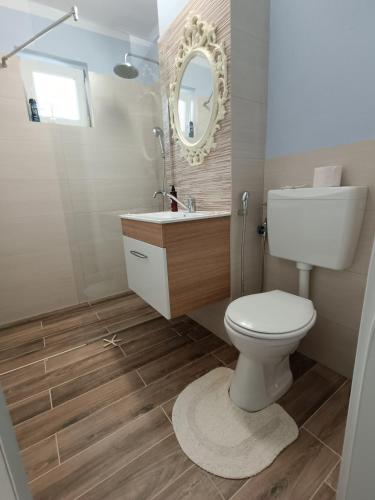 a bathroom with a toilet and a sink and a mirror at Ingrid Residence in Ocna-Mureşului