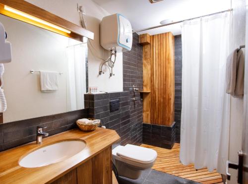 a bathroom with a sink and a toilet at HOTEL BHRIKUTI TARA in Kathmandu