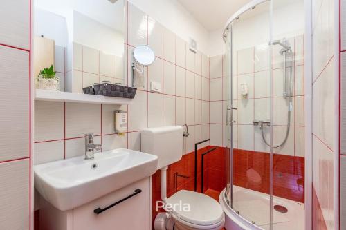 a bathroom with a toilet and a sink and a shower at House CAPRI with heated pool and sea view in Klimno
