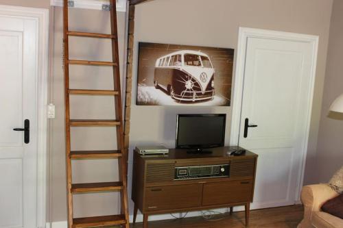 a living room with a tv and a ladder at Blockhouse Nicks Lodge in Hatten
