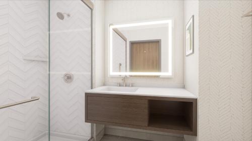 ein Bad mit einem Waschbecken, einem Spiegel und einer Dusche in der Unterkunft Holiday Inn & Suites Richmond West End in Richmond
