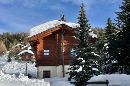 a log cabin with a snow covered roof at Chalet Cirmolo in Livigno
