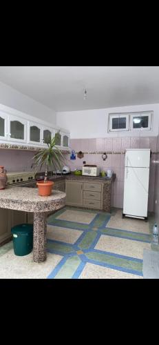 uma cozinha com um frigorífico e uma mesa com um vaso de plantas em Appartement à 8 mn de mehdia plage em Kenitra
