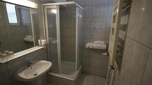 y baño con ducha y lavamanos. en Vila Trandafirul si Liliacul en Căciulata