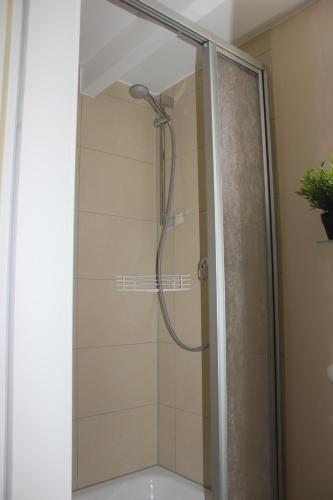 a shower with a shower head in a bathroom at Blockhouse Nicks Lodge in Hatten