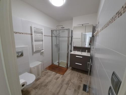 une salle de bain avec une douche, des toilettes et un lavabo dans l'établissement Infinity - Les Clés de l'Esterel, à Théoule-sur-Mer