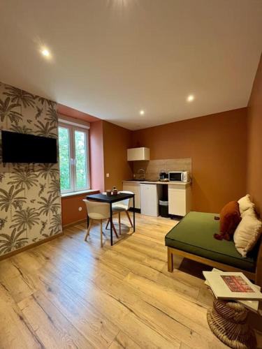 un salon avec un canapé vert et une cuisine dans l'établissement LesCinqSuites/12 couchages-DABNB, à Limoges