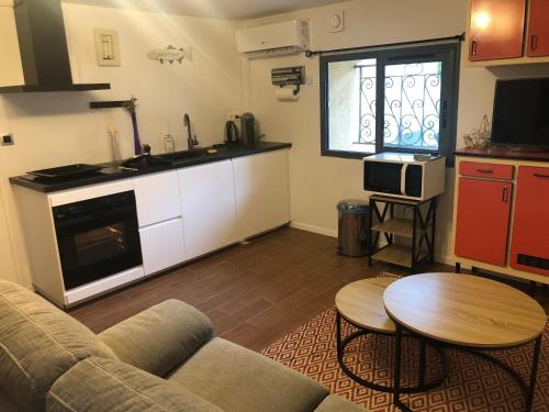 une cuisine et un salon avec un canapé et une table dans l'établissement Les rives de Port Neuf, à Saint-André-de-Cubzac