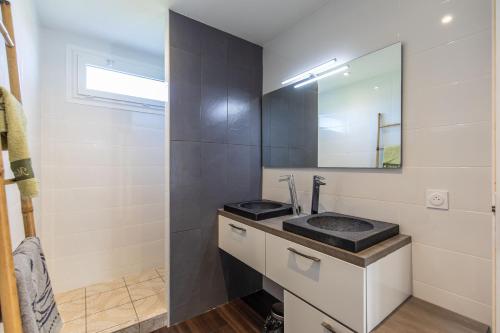 une salle de bain avec un lavabo et un miroir dans l'établissement VILLA BOUNTY - Vue montagne parking privé, à Salles-Adour