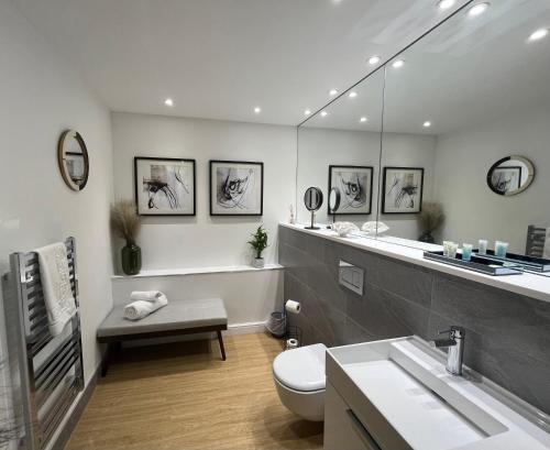 a bathroom with a toilet and a sink and a mirror at Beachcliff Rooms & Apartments in Cardiff