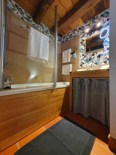 une salle de bain avec une douche, un lavabo et un miroir dans l'établissement LA GRANGE, à Padirac