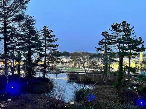 a view of a river with trees and a city at Snowdonia View@puffin Lodges in Chwilog