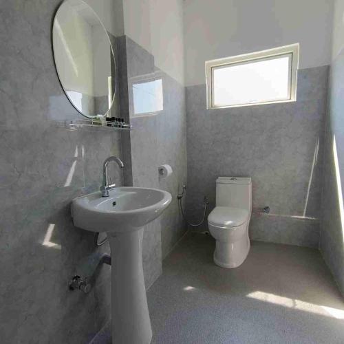 a bathroom with a sink and a toilet and a mirror at Edelweiss in Kohīma