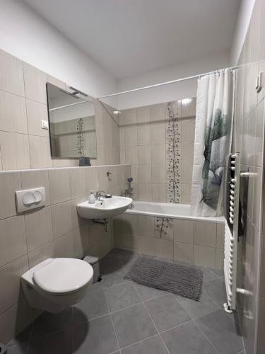 a bathroom with a toilet and a sink and a tub at Foxi apartment, Pohorje in Hočko Pohorje