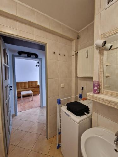 a bathroom with a sink and a washing machine at Nocleg w Kraśniku in Kraśnik
