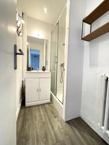 une salle de bain avec une douche, un lavabo et un miroir dans l'établissement Sorel by Yumē, à Toulouse