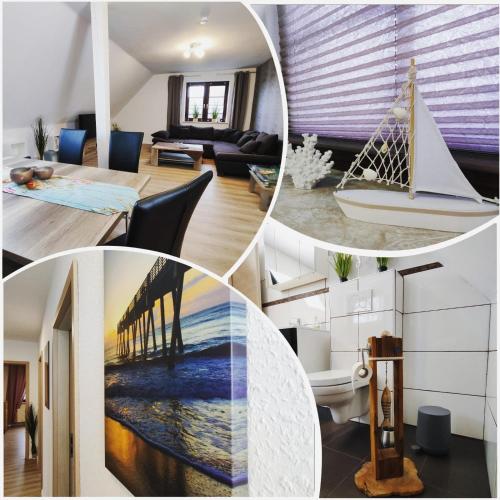 a collage of photos of a living room and a house at Ferienwohnungen NordseeStern in Burhave