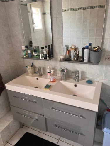 La salle de bains est pourvue d'un lavabo blanc et d'un miroir. dans l'établissement Studio t1 rustique, à Clichy
