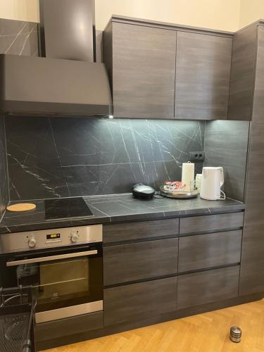 a kitchen with stainless steel cabinets and a stove at Mama Apartmani in Smederevo