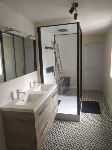 La salle de bains est pourvue d'une douche, de 2 lavabos et d'un miroir. dans l'établissement Maison de ville très lumineuse, à Civray
