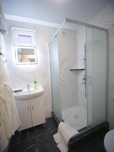 a bathroom with a shower and a sink at Villa Magnat in Berehove