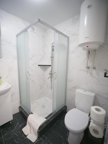 a white bathroom with a shower and a toilet at Villa Magnat in Berehove