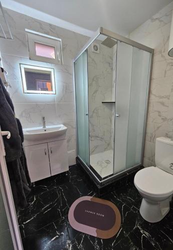 a bathroom with a shower and a toilet and a sink at Villa Magnat in Berehove