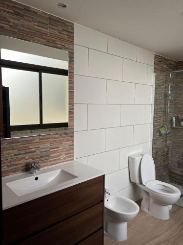 a bathroom with a sink and a toilet and a mirror at La Majorera Luminoso apartamento de 3 dormitorios en Puerto del Rosario in Puerto del Rosario