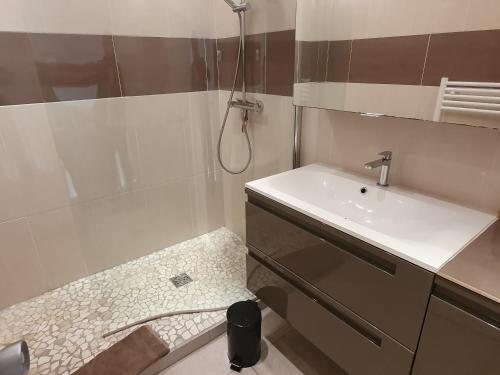 une salle de bain avec douche et lavabo dans l'établissement Appartement 4 pièces avec piscine, climatisation et accès plage à Sainte-Maxime - FR-1-780-34, à Sainte-Maxime