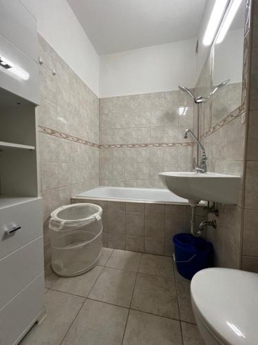 a bathroom with a tub and a sink and a toilet at Renapartman in Pécs