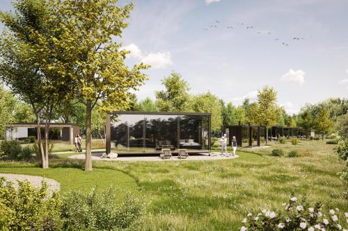 a rendering of a garden with a pavilion at Neugrad STYLE - 2er Cabins in Schleiden