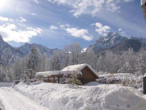 una casa cubierta de nieve con montañas en el fondo en Apartment Jakelj en Kranjska Gora