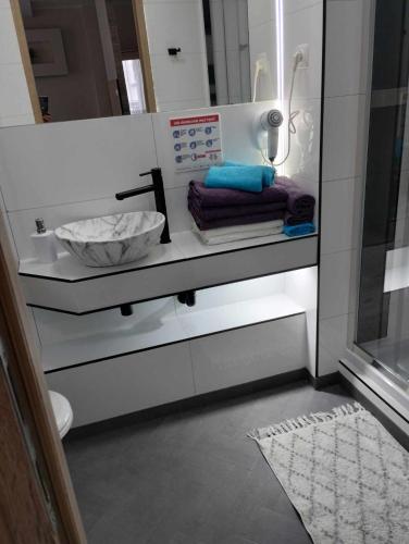 a bathroom with a counter with a sink and a mirror at Eldom-NOCLEGI, Kolejowa 15 Wągrowiec in Wągrowiec