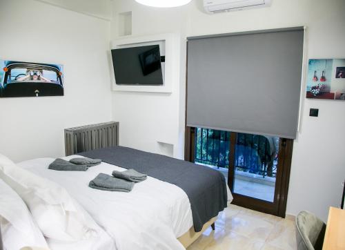 a bedroom with a bed and a tv and a window at Mikel Angelo hall in Serres