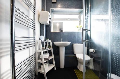 uma pequena casa de banho com WC e lavatório em A cosy 2 bed flat in Swindon em Swindon