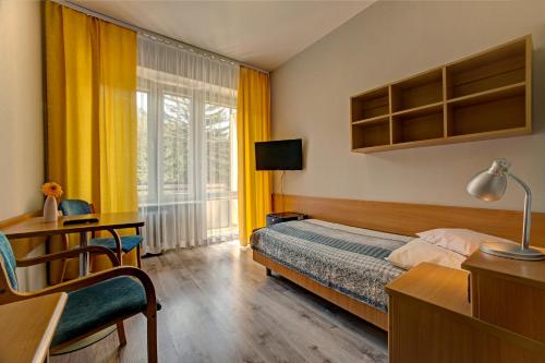 a hotel room with a bed and a window at Sanatorium GÓRNIK in Iwonicz-Zdrój