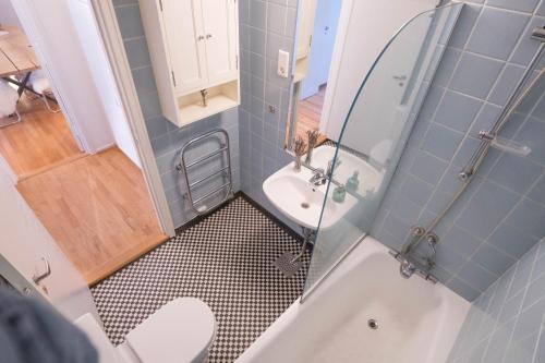 a bathroom with a shower and a toilet and a sink at Cosy Apartment in Frogner in Oslo