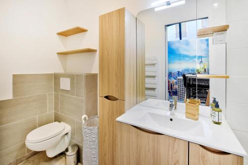 a bathroom with a toilet and a sink and a window at Le somptueux saint-clair in Caluire-et-Cuire