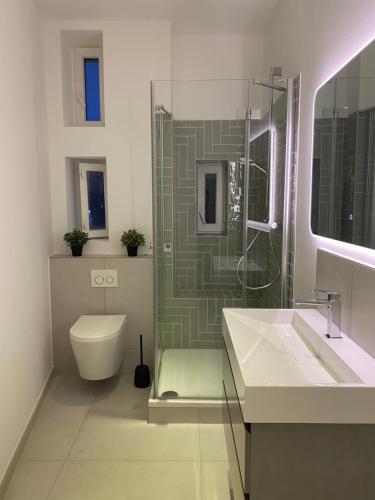 a bathroom with a shower and a toilet and a sink at Schöne Wohnung in charmanter Stadtvilla Messenähe in Hannover