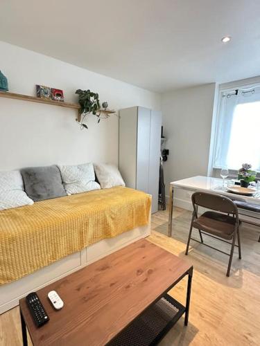a bedroom with a bed and a table and a desk at Studio La Petite Montagne in Quimper