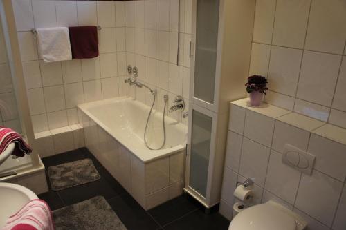 Un baño con ducha, lavabo e inodoro. en Ferienwohnung Pöttershof, en Krefeld