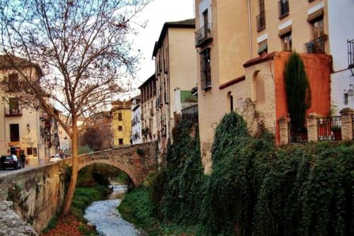 een brug over een rivier in een stad met gebouwen bij Bonito duplex bajo Alhambra in Granada
