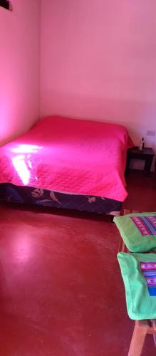 a bedroom with a pink bed in a room at CABAÑAS LA LUCRECIA mono in Humahuaca