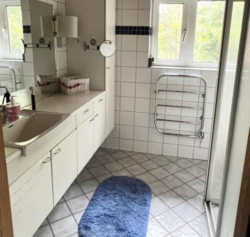 uma casa de banho com um lavatório e um tapete azul em Modern villa with sea view in Beddingestrand em Beddinge Strand