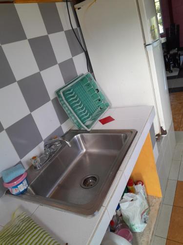 a kitchen sink with a green basket on top of it at Sonidos de la Naturaleza!! in Los Altos de Cerro Azul