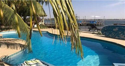 een blauw zwembad met een palmboom naast het water bij Fagapa Lodge in Guilor
